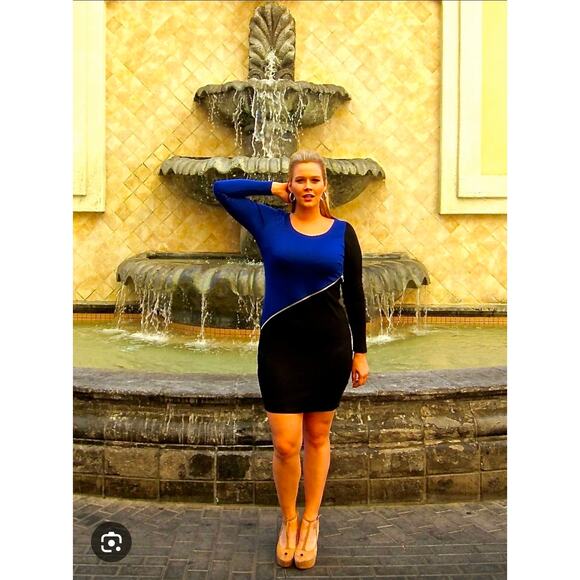 Forever 21+ Blue & Black Colorblock Dress Women’s XL | Long Sleeve Zip accent - Picture 9 of 9